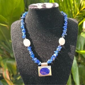 174. Vintage Lapis chips & .925 SS pendant mother of Pearl Hematite 18” necklace